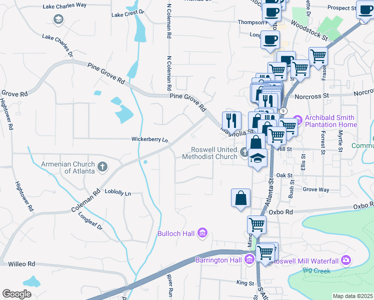 map of restaurants, bars, coffee shops, grocery stores, and more near 280 Roswell Farms Road in Roswell