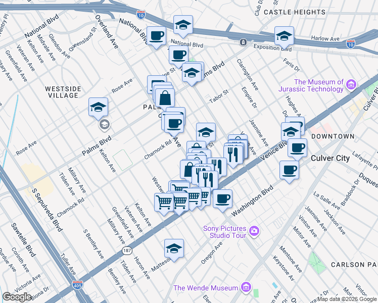 map of restaurants, bars, coffee shops, grocery stores, and more near 3688 Overland Avenue in Los Angeles
