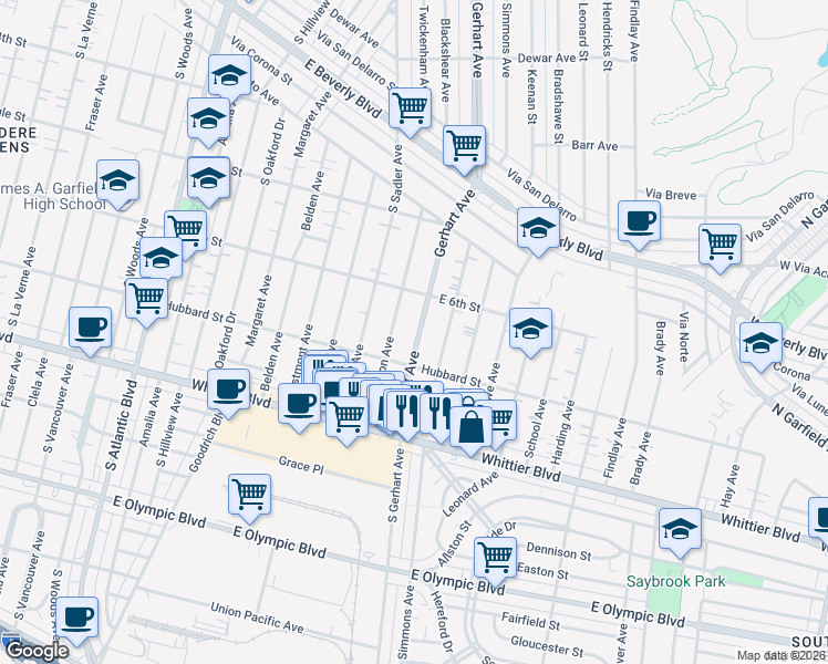 map of restaurants, bars, coffee shops, grocery stores, and more near 640 1/2 South Gerhart Avenue in East Los Angeles