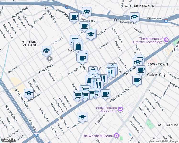 map of restaurants, bars, coffee shops, grocery stores, and more near 3688 Overland Avenue in Los Angeles