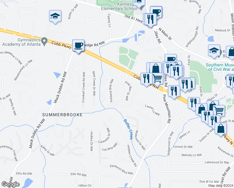 map of restaurants, bars, coffee shops, grocery stores, and more near 22 Hickory Knoll Trail Northwest in Kennesaw