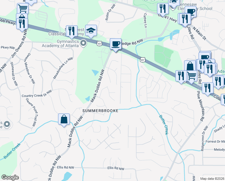 map of restaurants, bars, coffee shops, grocery stores, and more near 2995 Summerfield Court in Kennesaw