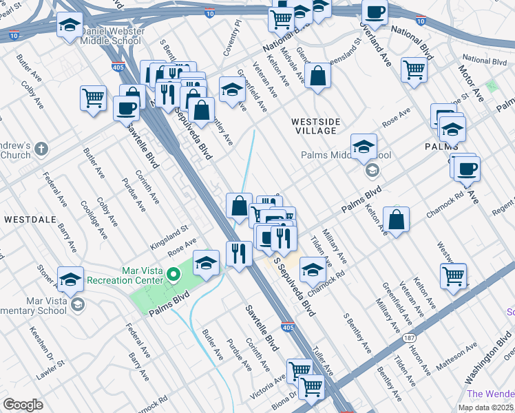 map of restaurants, bars, coffee shops, grocery stores, and more near 11133 Rose Avenue in Los Angeles