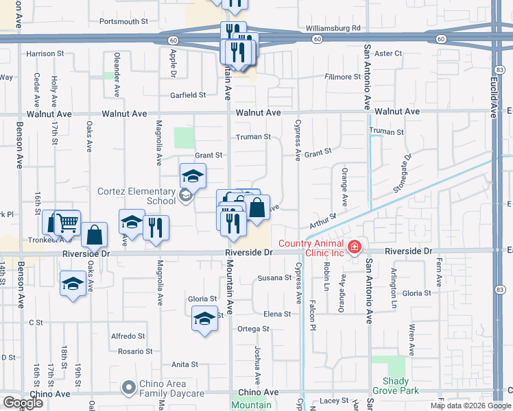 map of restaurants, bars, coffee shops, grocery stores, and more near 12773 Jalepeno Ave in Chino