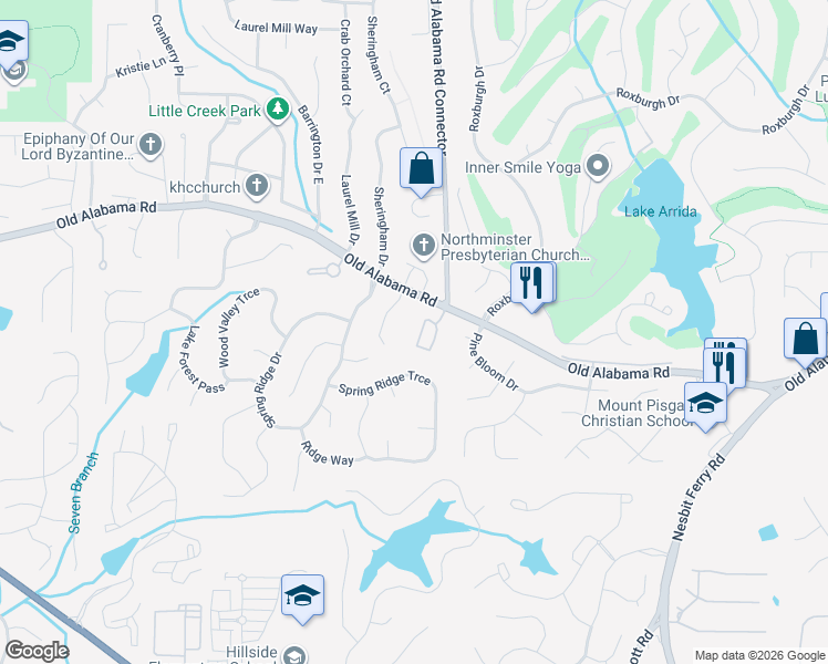 map of restaurants, bars, coffee shops, grocery stores, and more near 1180 Atherton Park in Roswell