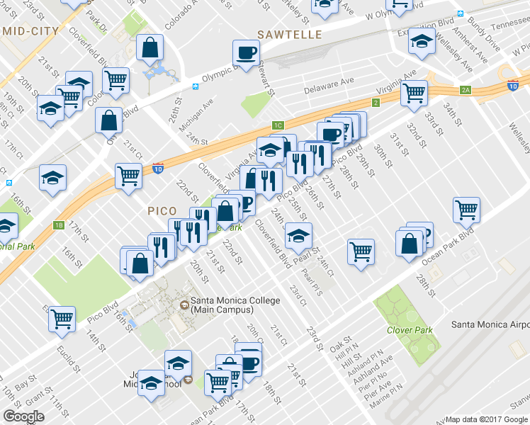 map of restaurants, bars, coffee shops, grocery stores, and more near 2350 Pico Boulevard in Santa Monica