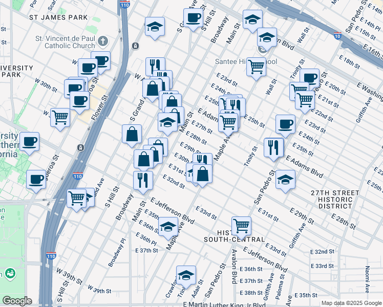 map of restaurants, bars, coffee shops, grocery stores, and more near 210 East 29th Street in Los Angeles