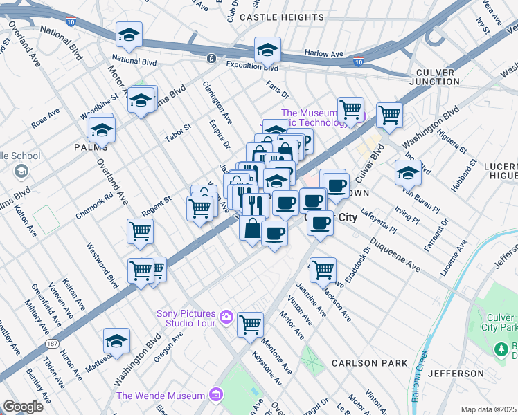map of restaurants, bars, coffee shops, grocery stores, and more near 10150 Venice Boulevard in Culver City