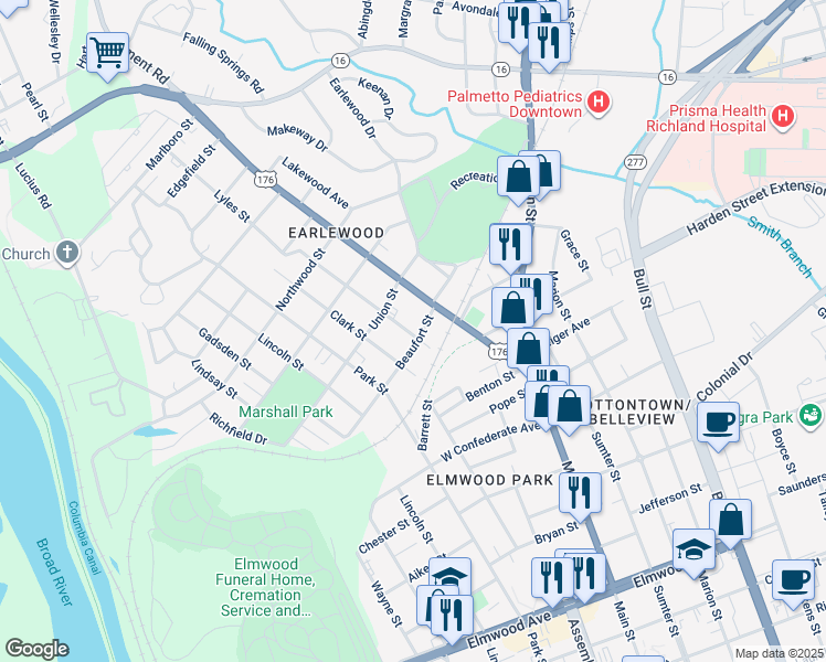 map of restaurants, bars, coffee shops, grocery stores, and more near 1101 Beaufort Street in Columbia