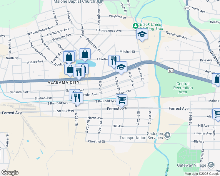 map of restaurants, bars, coffee shops, grocery stores, and more near 2312 Sansom Avenue in Gadsden