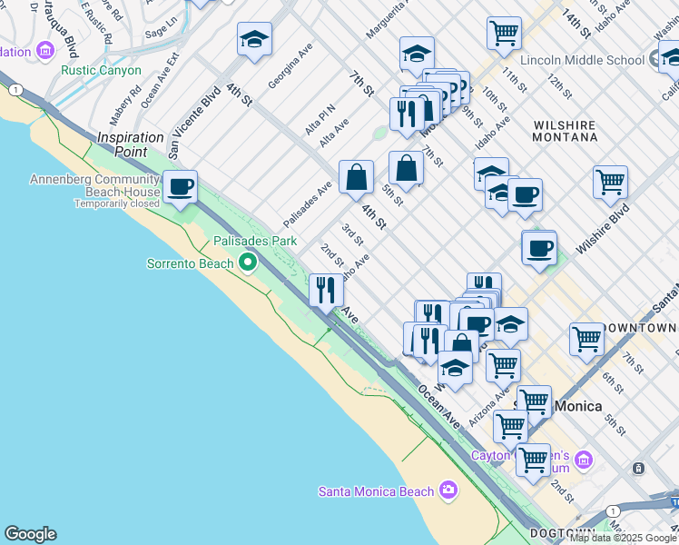 map of restaurants, bars, coffee shops, grocery stores, and more near 850 2nd Street in Santa Monica