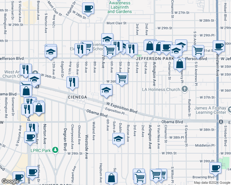 map of restaurants, bars, coffee shops, grocery stores, and more near 6th Avenue in Los Angeles
