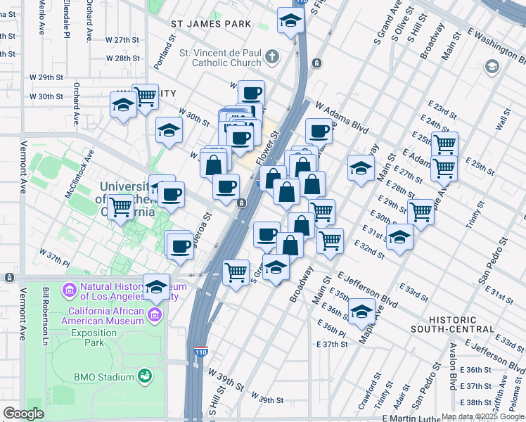 map of restaurants, bars, coffee shops, grocery stores, and more near 3333 South Grand Avenue in Los Angeles
