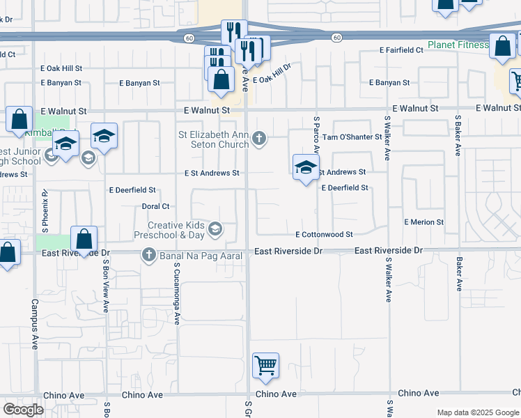 map of restaurants, bars, coffee shops, grocery stores, and more near 1218 Doral Court in Ontario