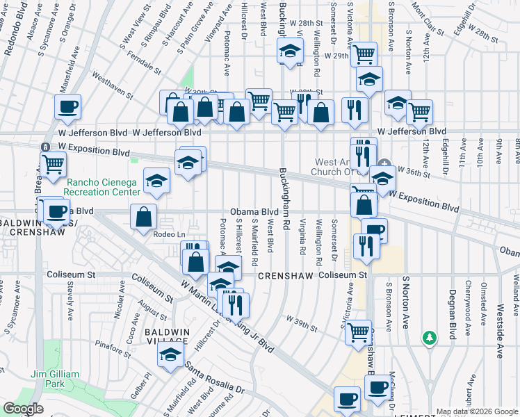 map of restaurants, bars, coffee shops, grocery stores, and more near 3603 Muirfield Road South in Los Angeles