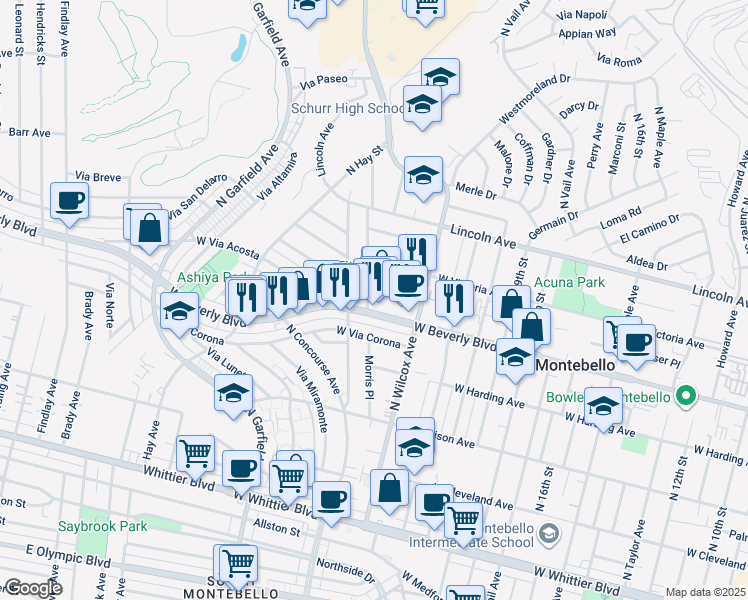 map of restaurants, bars, coffee shops, grocery stores, and more near 508 Morris Place in Montebello