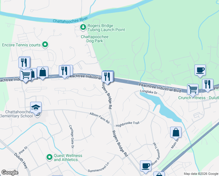 map of restaurants, bars, coffee shops, grocery stores, and more near 2590 Peachtree Industrial Boulevard in Duluth