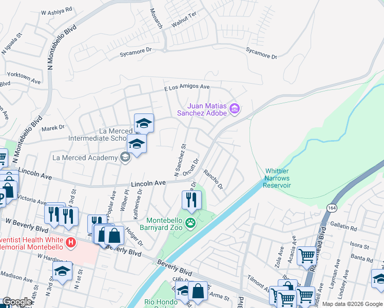 map of restaurants, bars, coffee shops, grocery stores, and more near 744 North Sanchez Street in Montebello