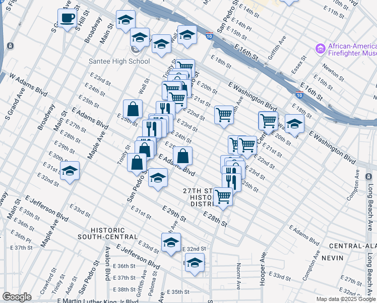 map of restaurants, bars, coffee shops, grocery stores, and more near 807 1/2 East 25th Street in Los Angeles