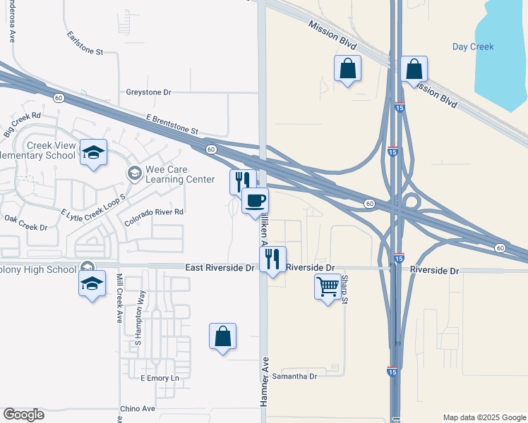 map of restaurants, bars, coffee shops, grocery stores, and more near 3778 Milliken Avenue in Eastvale