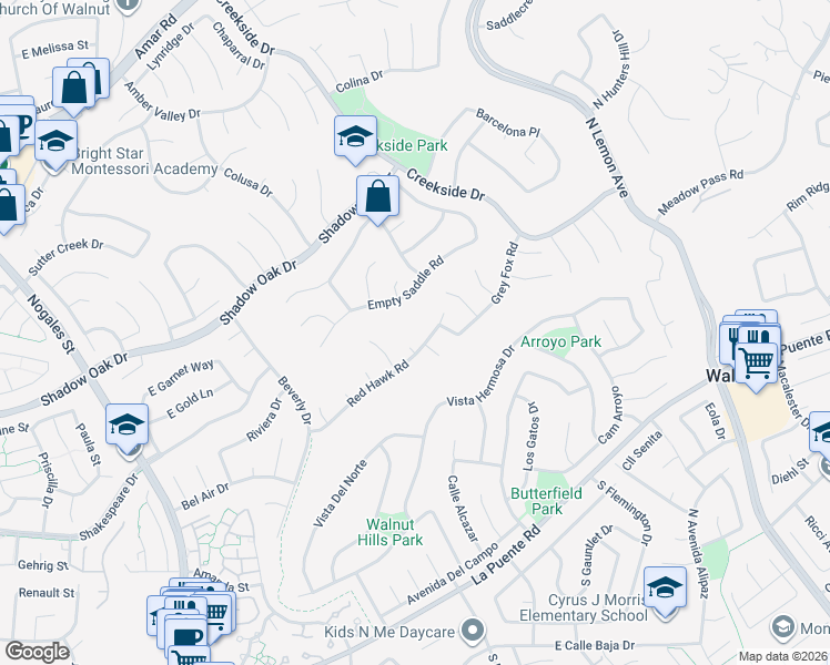 map of restaurants, bars, coffee shops, grocery stores, and more near 19451 Red Hawk Road in Walnut