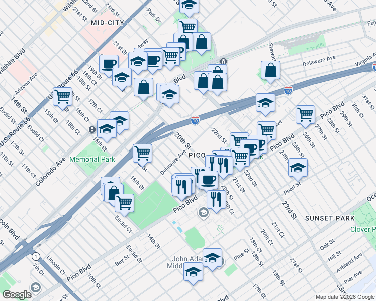 map of restaurants, bars, coffee shops, grocery stores, and more near 1900 20th Street in Santa Monica