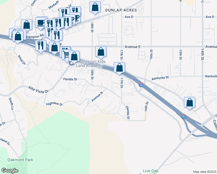 map of restaurants, bars, coffee shops, grocery stores, and more near 31844 Florida Street in Redlands