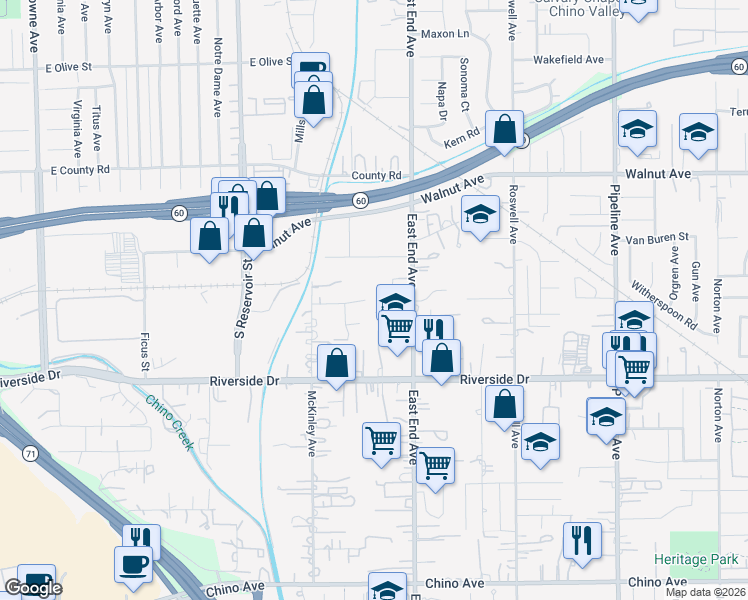 map of restaurants, bars, coffee shops, grocery stores, and more near 3618 La Reata Drive in Chino