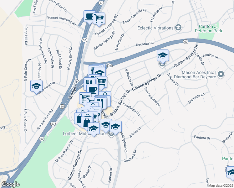 map of restaurants, bars, coffee shops, grocery stores, and more near 23617 Golden Springs Drive in Diamond Bar