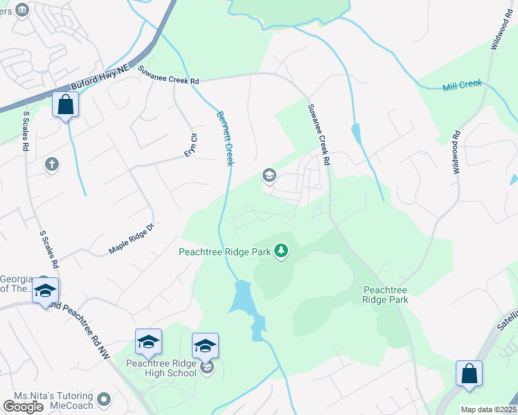 map of restaurants, bars, coffee shops, grocery stores, and more near 1589 Bennett Creek Overlook in Suwanee