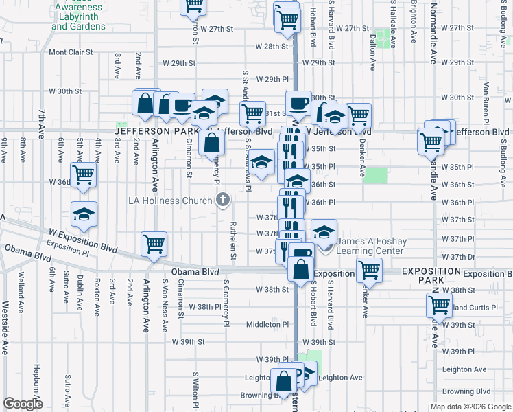 map of restaurants, bars, coffee shops, grocery stores, and more near 1782 West 36th Place in Los Angeles