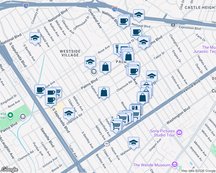 map of restaurants, bars, coffee shops, grocery stores, and more near 10835 Tabor Street in Los Angeles
