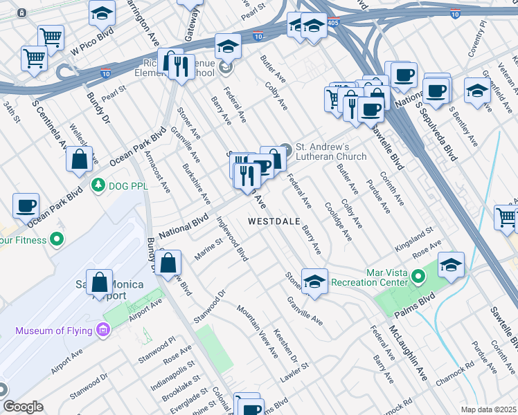 map of restaurants, bars, coffee shops, grocery stores, and more near 3101 South Barrington Avenue in Los Angeles