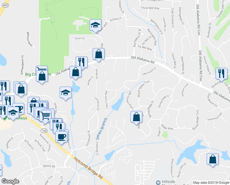 map of restaurants, bars, coffee shops, grocery stores, and more near 805 Lake Forest Circle in Roswell