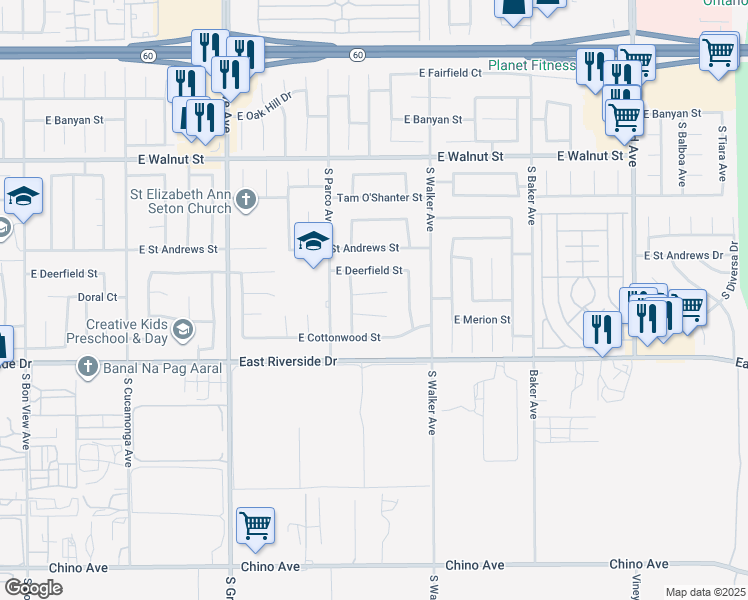 map of restaurants, bars, coffee shops, grocery stores, and more near 1450 Doral Court in Ontario