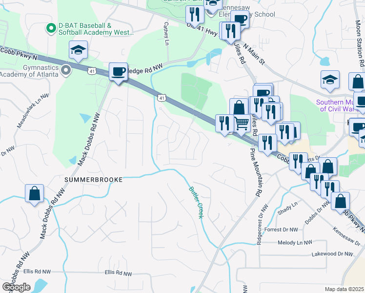 map of restaurants, bars, coffee shops, grocery stores, and more near 2880 Cobb Parkway North in Kennesaw
