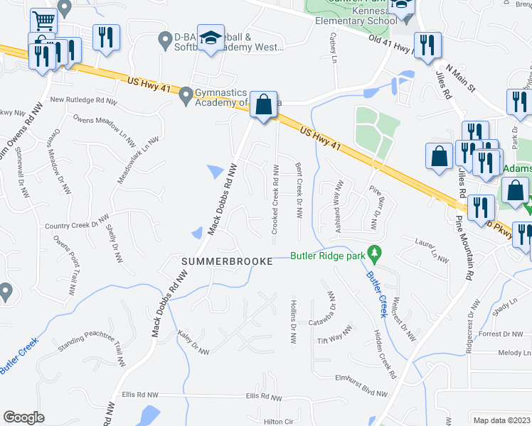 map of restaurants, bars, coffee shops, grocery stores, and more near 2991 Summerfield Court in Kennesaw