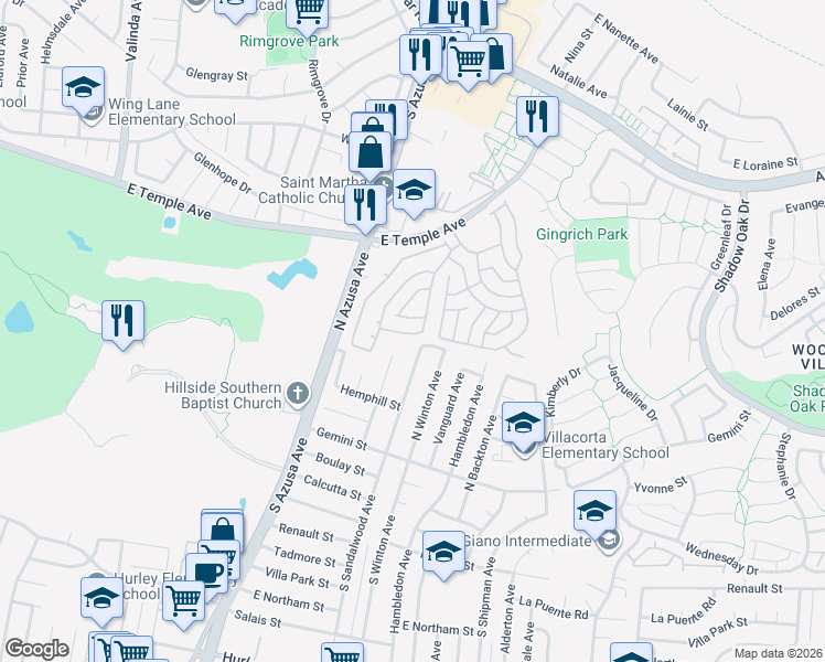 map of restaurants, bars, coffee shops, grocery stores, and more near 17350 East Temple Avenue in La Puente