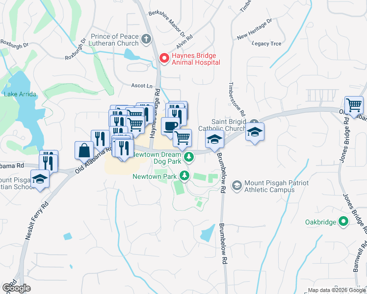 map of restaurants, bars, coffee shops, grocery stores, and more near 3165 Old Alabama Road in Alpharetta