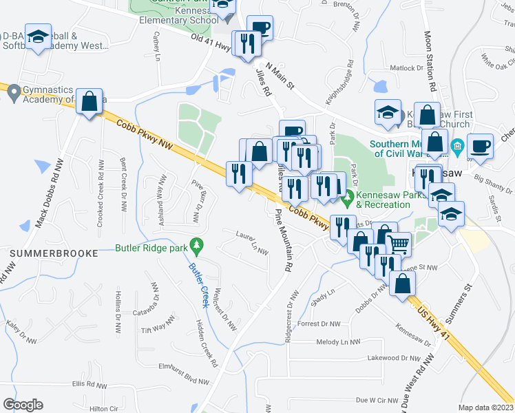 map of restaurants, bars, coffee shops, grocery stores, and more near 2851 Cobb Parkway North in Kennesaw