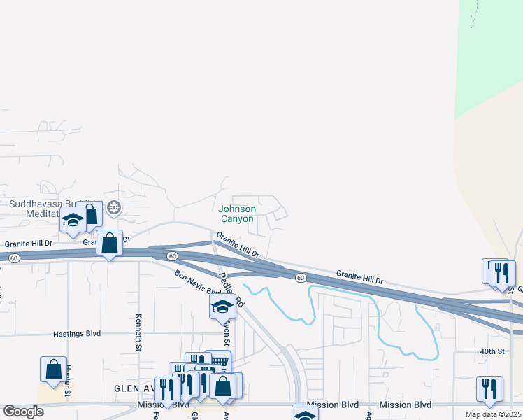 map of restaurants, bars, coffee shops, grocery stores, and more near 3700 Quartz Canyon Road in Riverside