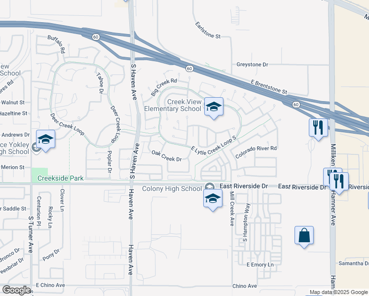 map of restaurants, bars, coffee shops, grocery stores, and more near 3664 Lytle Creek Loop in Ontario
