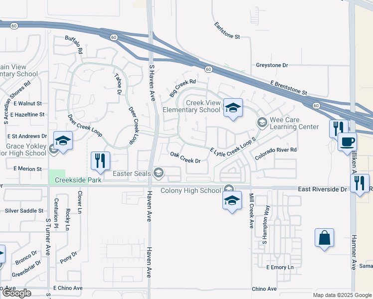 map of restaurants, bars, coffee shops, grocery stores, and more near 2825 South Tuolumne Place in Ontario