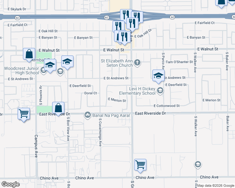 map of restaurants, bars, coffee shops, grocery stores, and more near 2855 South Virginia Place in Ontario