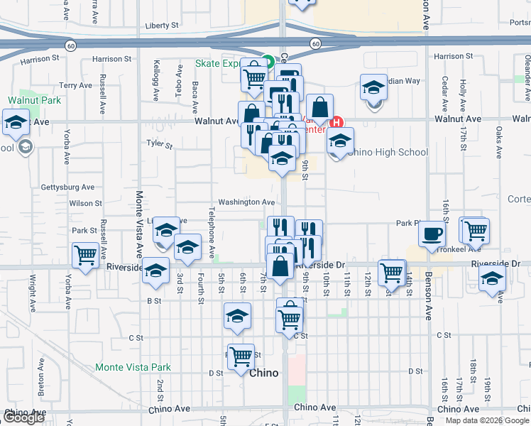 map of restaurants, bars, coffee shops, grocery stores, and more near 12770 Central Avenue in Chino
