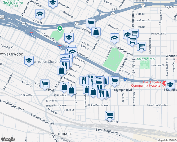 map of restaurants, bars, coffee shops, grocery stores, and more near 3547 Garnet Street in Los Angeles