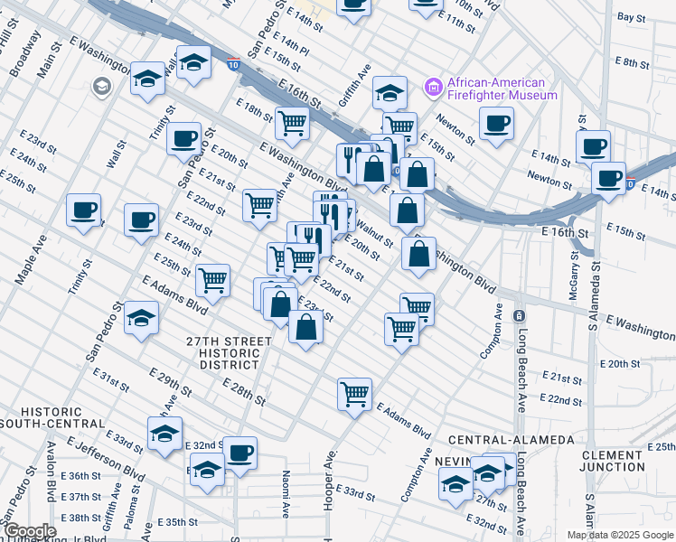 map of restaurants, bars, coffee shops, grocery stores, and more near 1348 East 21st Street in Los Angeles