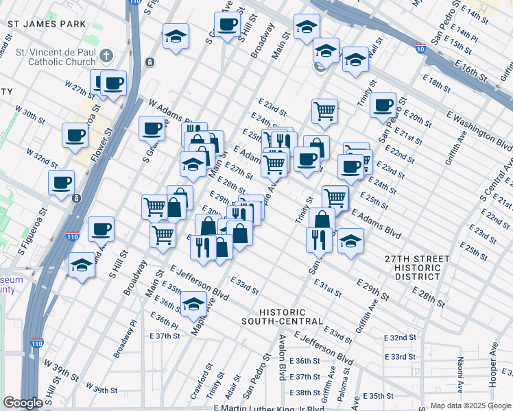 map of restaurants, bars, coffee shops, grocery stores, and more near 249 East 29th Street in Los Angeles