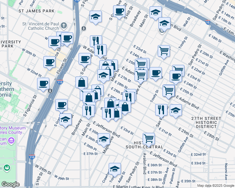 map of restaurants, bars, coffee shops, grocery stores, and more near 210 East 29th Street in Los Angeles