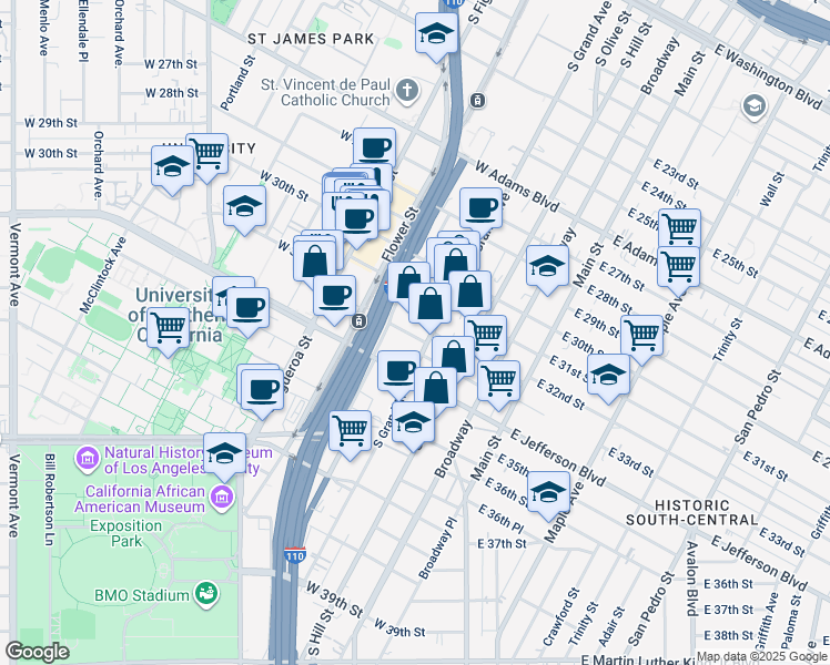 map of restaurants, bars, coffee shops, grocery stores, and more near 3333 South Grand Avenue in Los Angeles